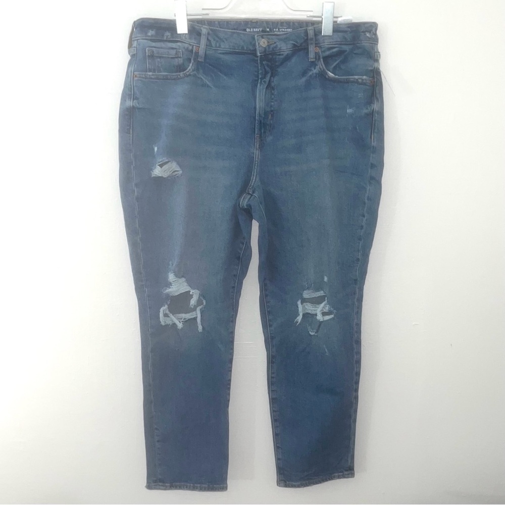 Old Navy High-Rise O.G. Straight Distressed Blue Jeans Secret Slim Pockets - 18